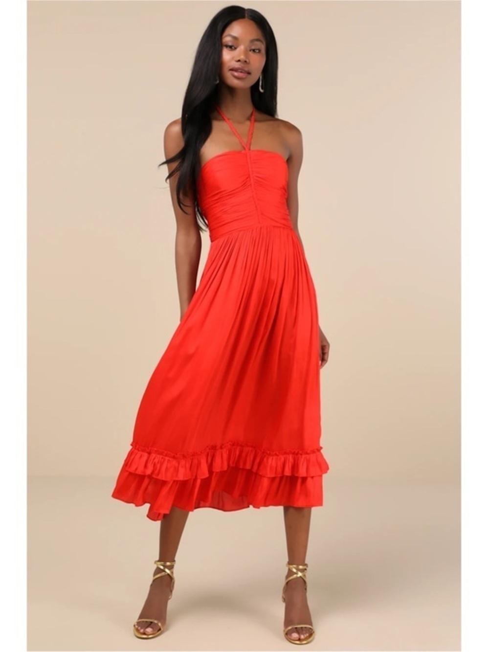 NWT Lulu’s Pleasing Chicness Red Satin Halter Tiered Midi Dress Small Party Chic
